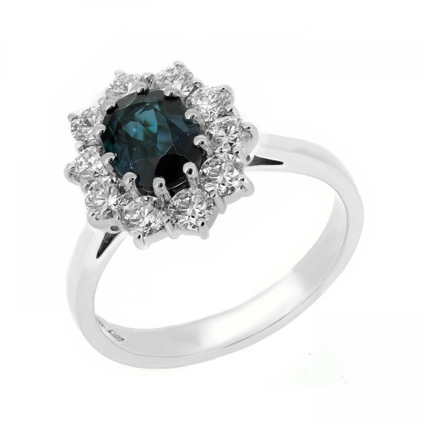 Platinum 1.27ct teal tourmaline & 1.00ct diamond cluster ring