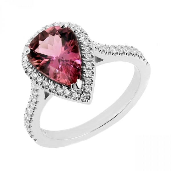 Platinum 2.15ct pear pink tourmaline & 0.35ct diamond halo ring