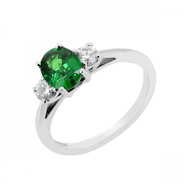 Platinum 1.17ct tsavorite garnet & 0.30ct diamond 3 stone ring