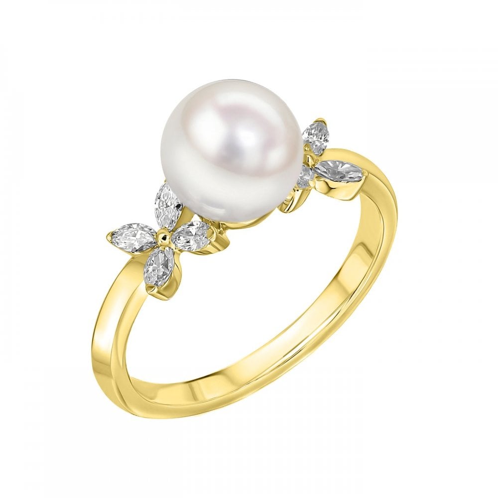 18ct yellow gold 8.0mm x 8.5mm Akoya pearl & 0.30ct diamond ring