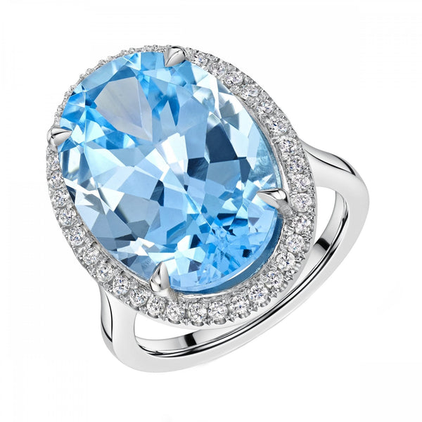Platinum 15.04ct blue topaz & 0.38ct diamond cluster ring