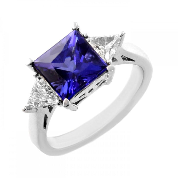 Platinum 2.78ct square tanzanite & 0.60ct diamond 3 stone ring