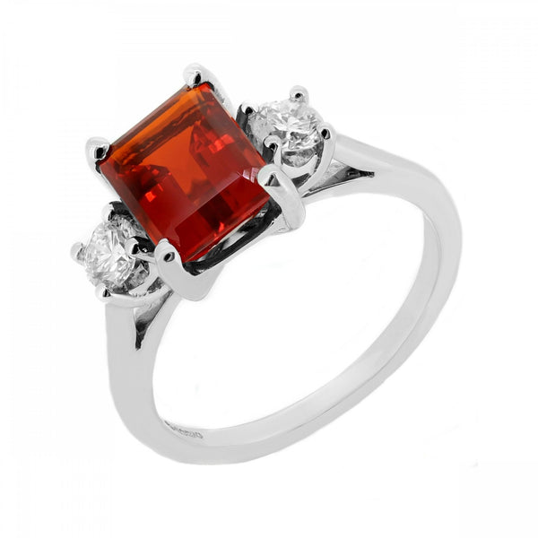 Platinum 1.83ct fire opal & 0.41ct diamond 3 stone ring