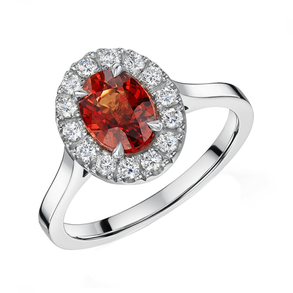 Platinum 1.73ct orange sapphire & 0.30ct diamond halo ring