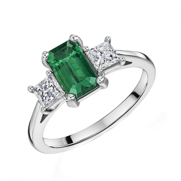 Platinum 1.62ct emerald & 0.50ct diamond 3 stone ring