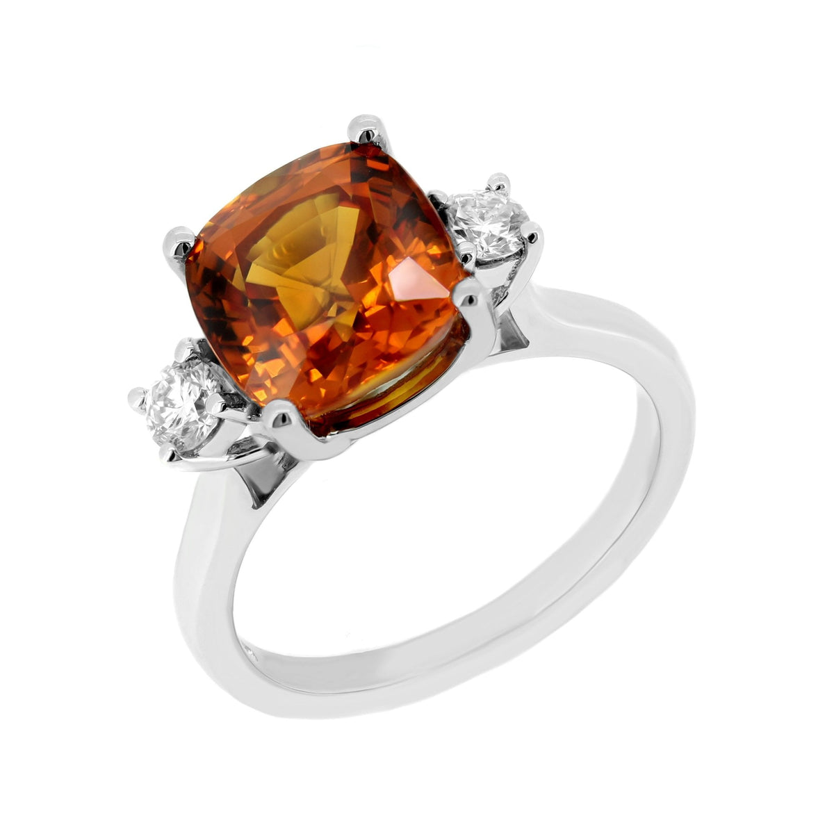 Platinum 3.36ct orange sapphire & 0.27ct diamond 3 stone ring