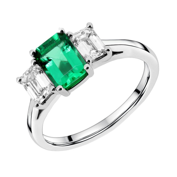 Platinum 0.98ct emerald & 0.66ct diamond 3 stone ring
