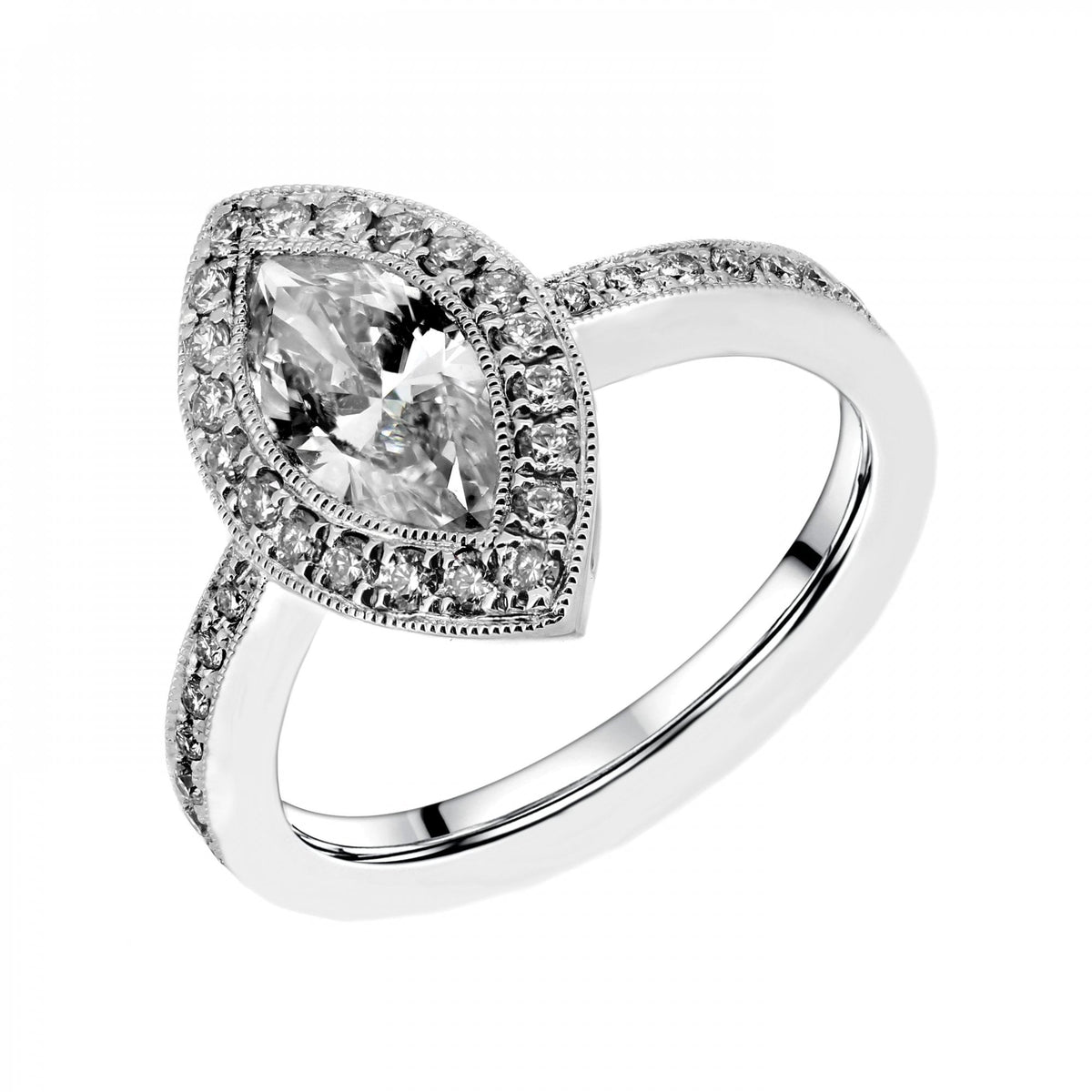 Platinum 0.76ct marquise & 0.29ct round diamond halo ring