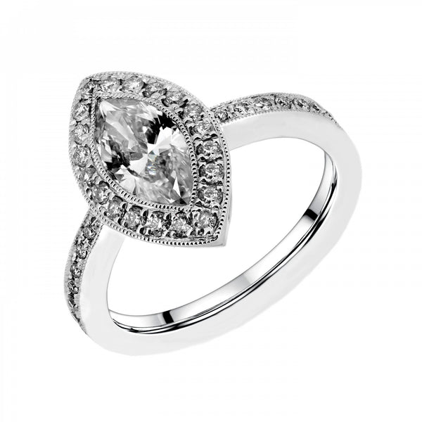 Platinum 0.76ct marquise & 0.29ct round diamond halo ring