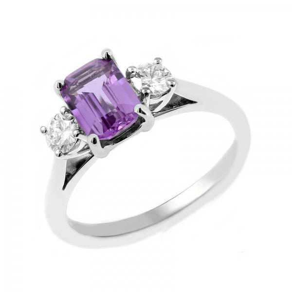 Platinum 0.97ct purple sapphire & 0.30ct diamond 3 stone ring
