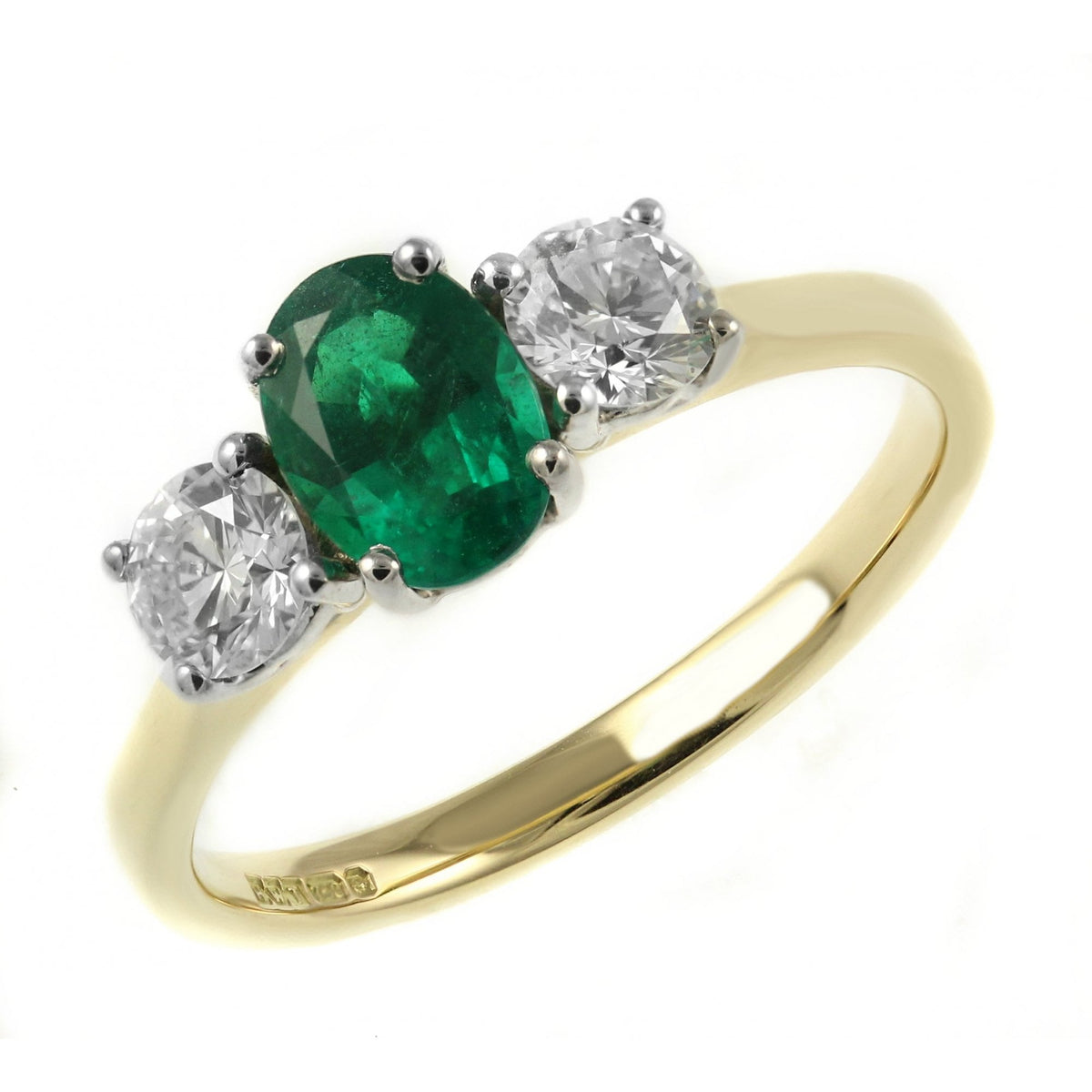 18ct yellow gold 1.18ct emerald & 0.50ct diamond 3 stone ring