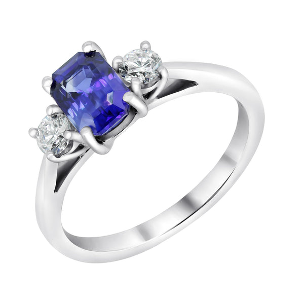 Platinum 1.38ct sapphire & 0.30ct diamond 3 stone ring