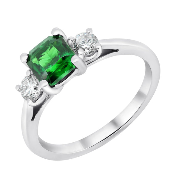 Platinum 1.16ct tsavourite garnet & 0.31ct diamond 3 stone ring
