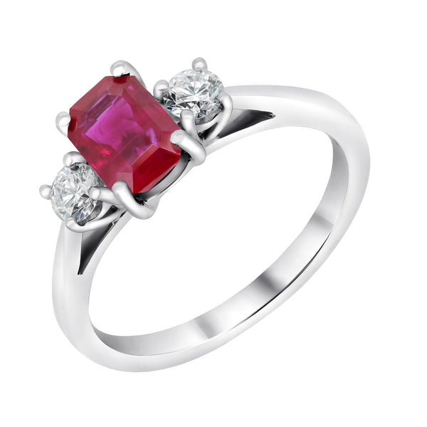 Platinum 1.04ct ruby & 0.30ct diamond 3 stone ring