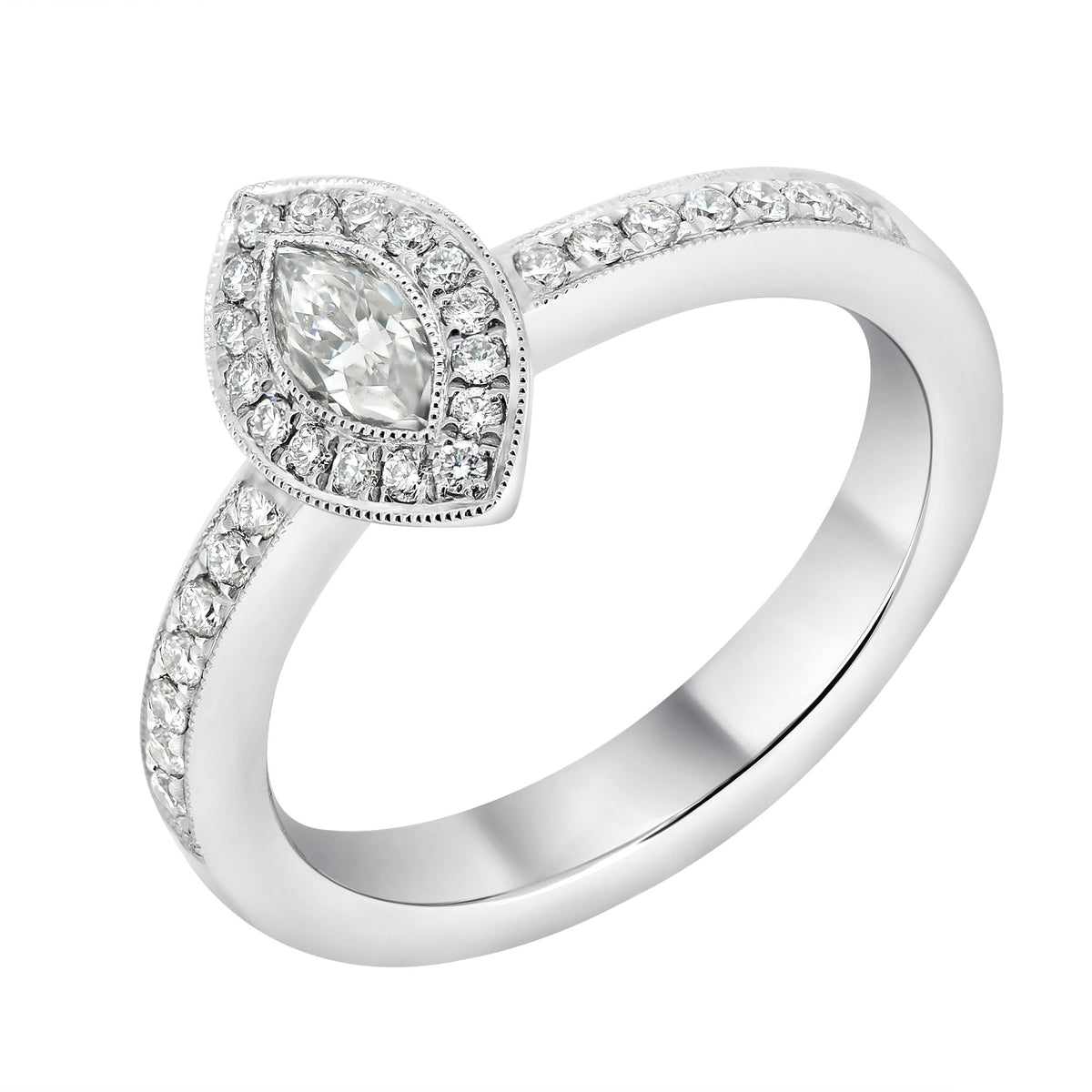 Platinum 0.30ct marquise & 0.26ct round diamond halo ring