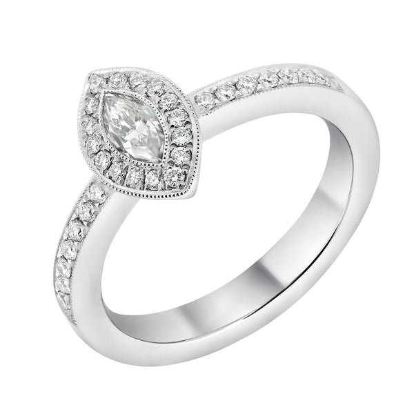 Platinum 0.30ct marquise & 0.26ct round diamond halo ring