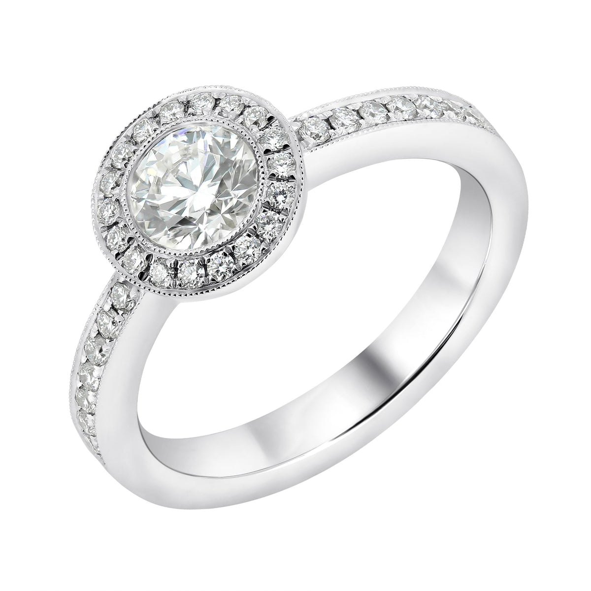 Platinum 0.70ct G VS1 GIA round brilliant cut diamond halo ring