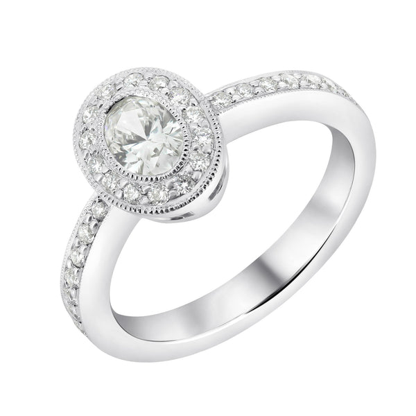 Platinum 0.34ct oval & 0.24ct round brilliant diamond halo ring