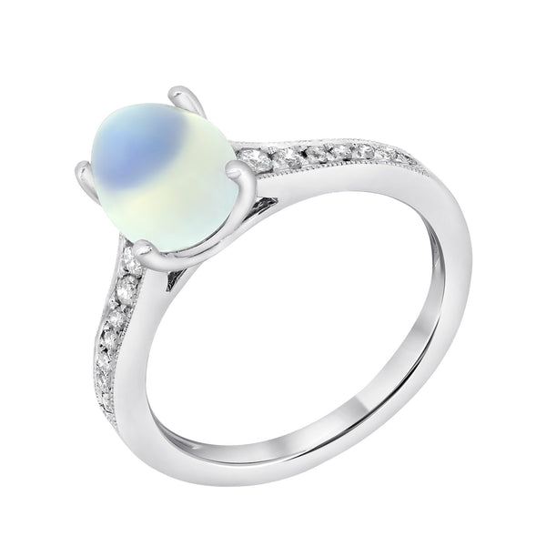 18ct white gold 1.74ct rainbow moonstone & 0.16ct diamond ring