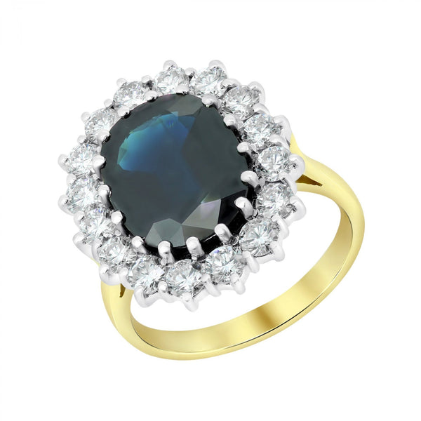 18ct yellow gold 6.24ct sapphire & 1.71ct diamond cluster ring