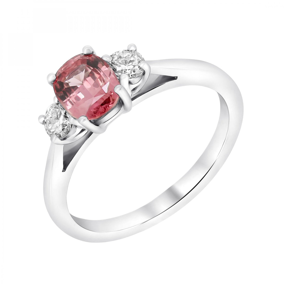 Platinum 1.06ct peach sapphire & 0.30ct diamond 3 stone ring