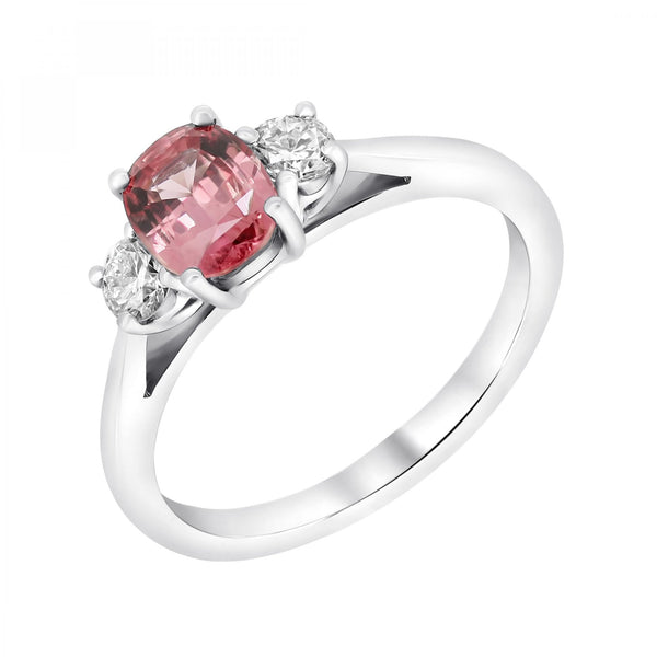Platinum 1.06ct peach sapphire & 0.30ct diamond 3 stone ring