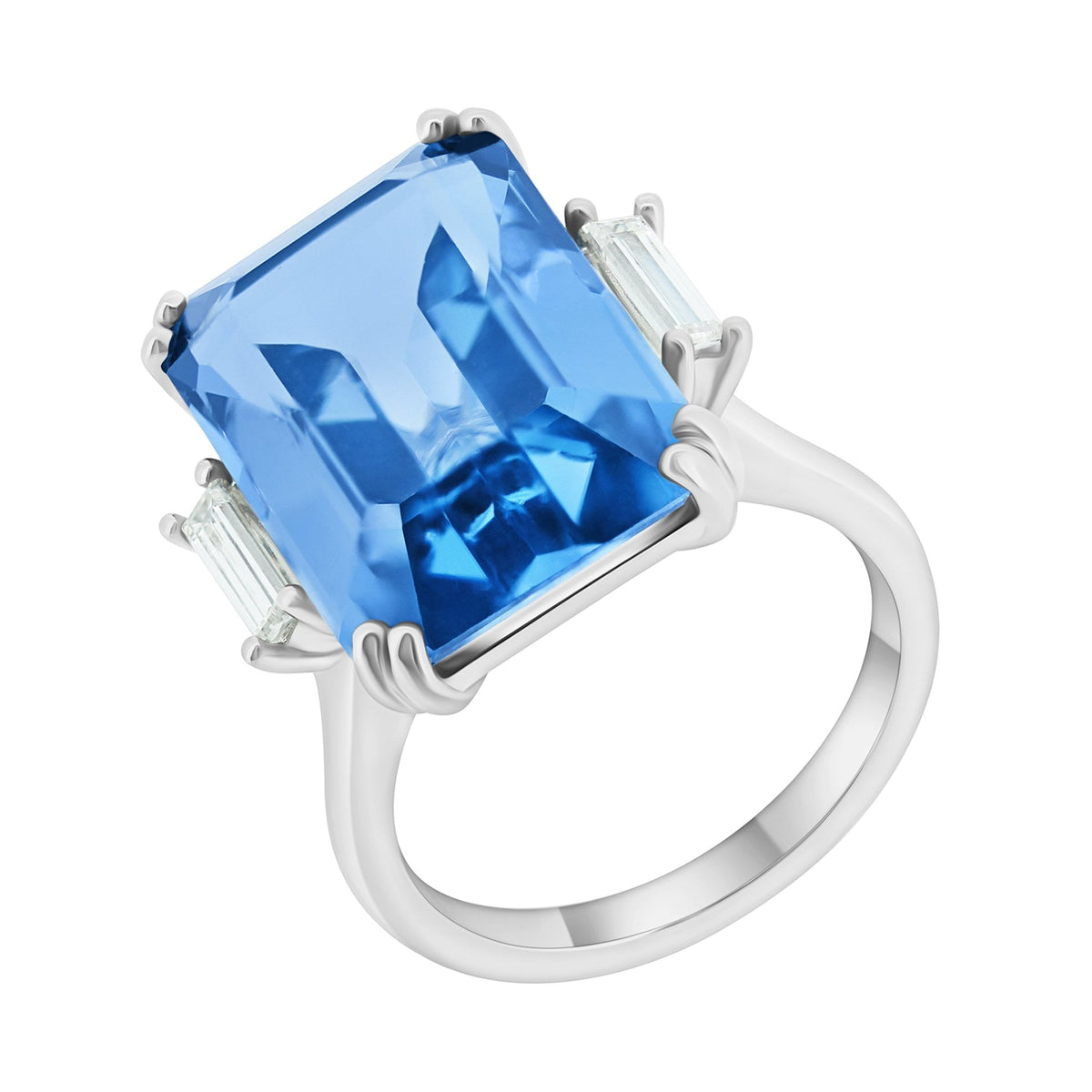 Platinum 17.98ct blue topaz & 0.41ct diamond 3 stone ring