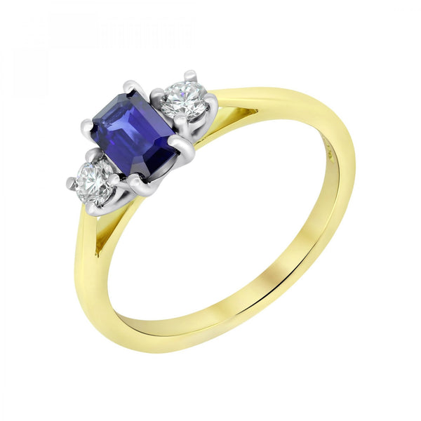 18ct yellow gold 0.65ct sapphire & 0.20ct diamond 3 stone ring