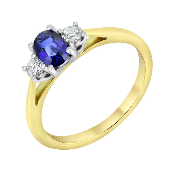 18ct yellow gold 0.51ct sapphire & 0.20ct diamond 3 stone ring