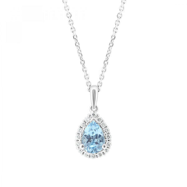 Platinum 0.85ct blue topaz & 0.14ct diamond cluster pendant
