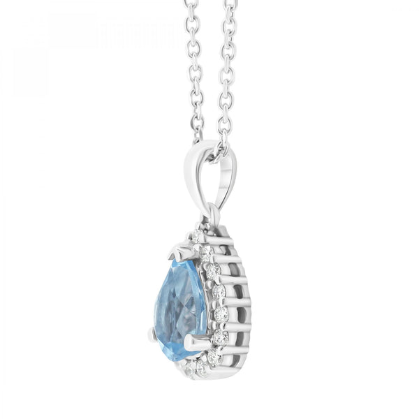 Platinum 0.85ct blue topaz & 0.14ct diamond cluster pendant