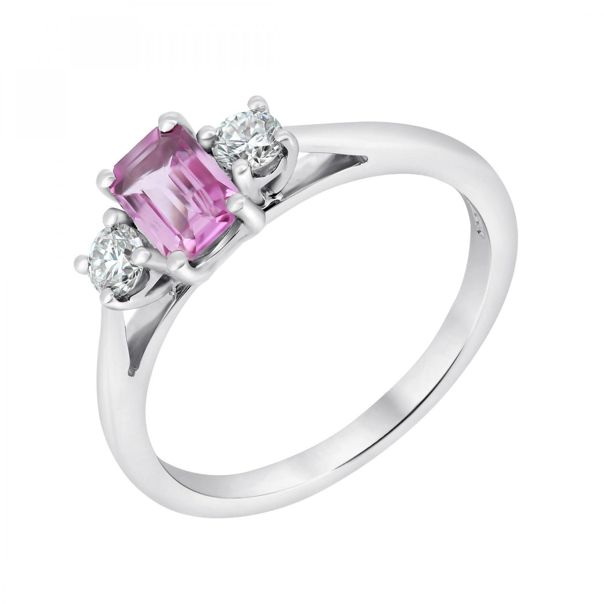 Platinum 0.58ct pink sapphire & 0.20ct diamond 3 stone ring