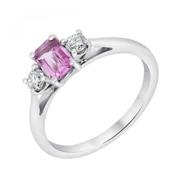 Platinum 0.58ct pink sapphire & 0.20ct diamond 3 stone ring