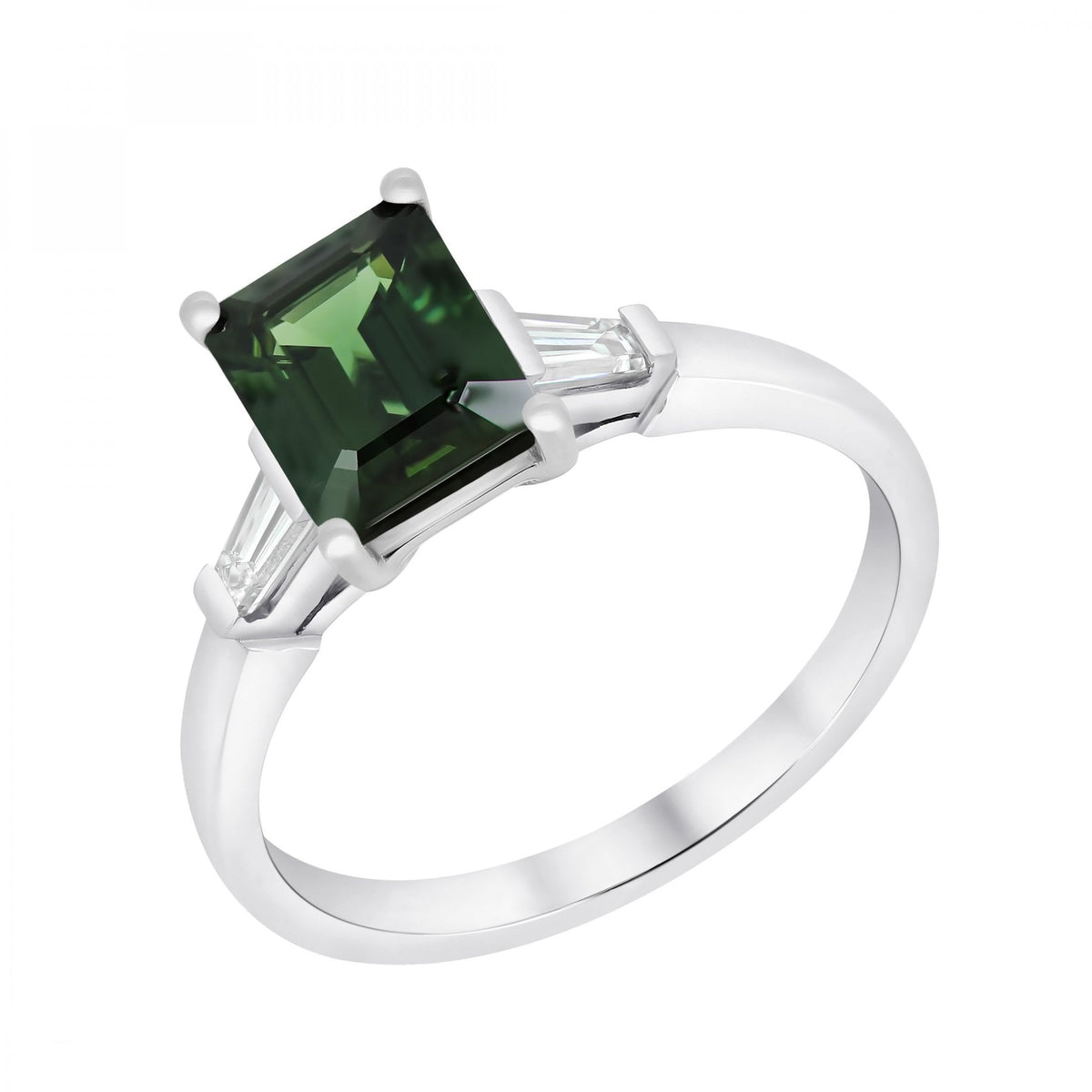 Platinum 1.45ct green sapphire & 0.25ct diamond 3 stone ring