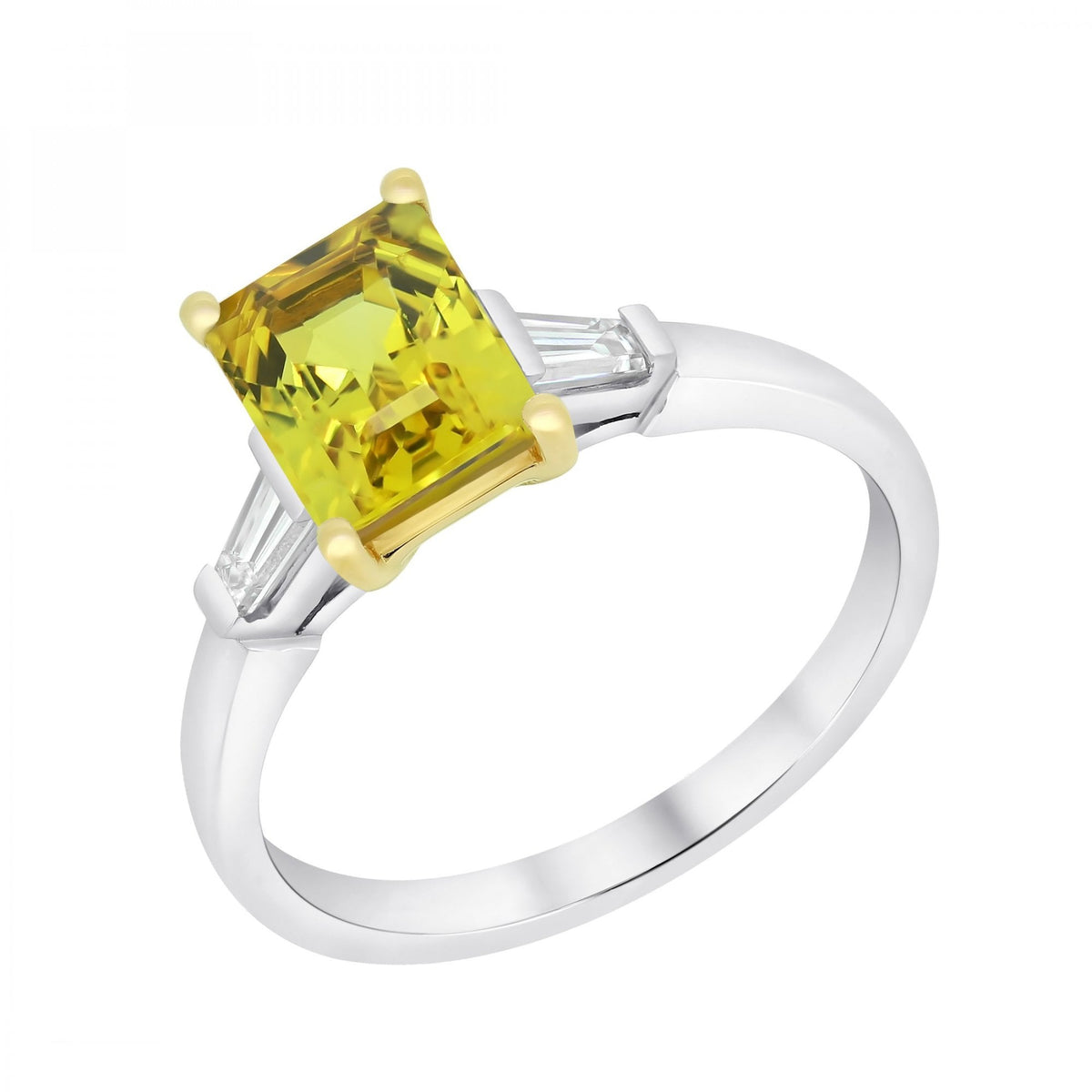 Platinum 1.93ct yellow sapphire & 0.25ct diamond 3 stone ring