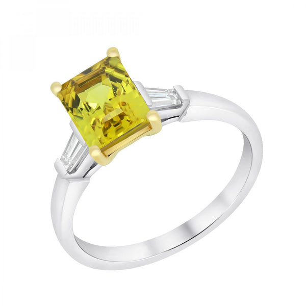 Platinum 1.93ct yellow sapphire & 0.25ct diamond 3 stone ring