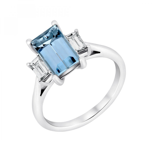 Platinum 1.69ct aquamarine & 0.46ct diamond 3 stone ring