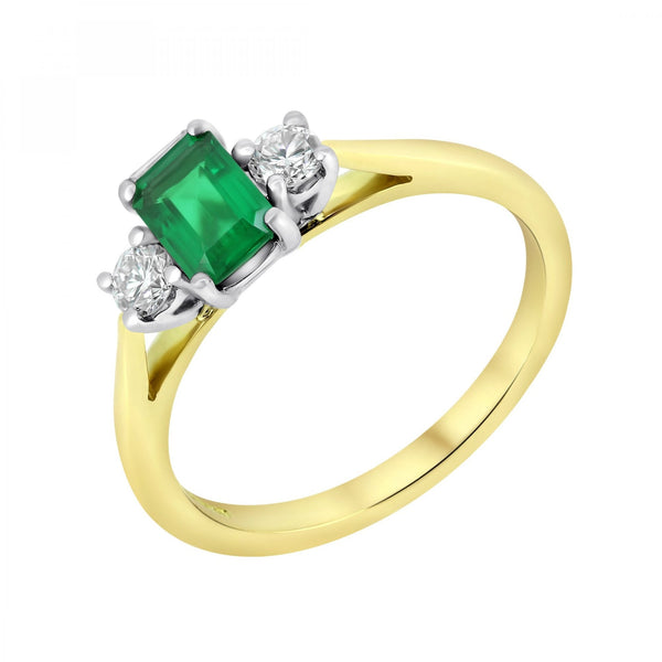 18ct yellow gold 0.52ct emerald & 0.20ct diamond 3 stone ring