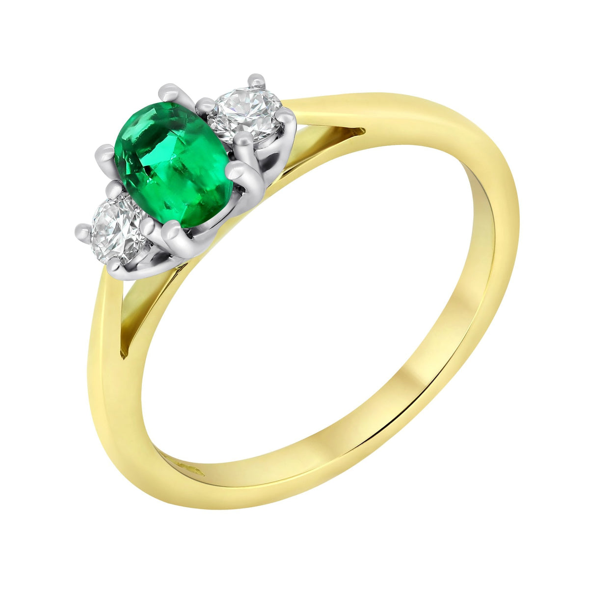 18ct yellow gold 0.45ct emerald & 0.20ct diamond 3 stone ring