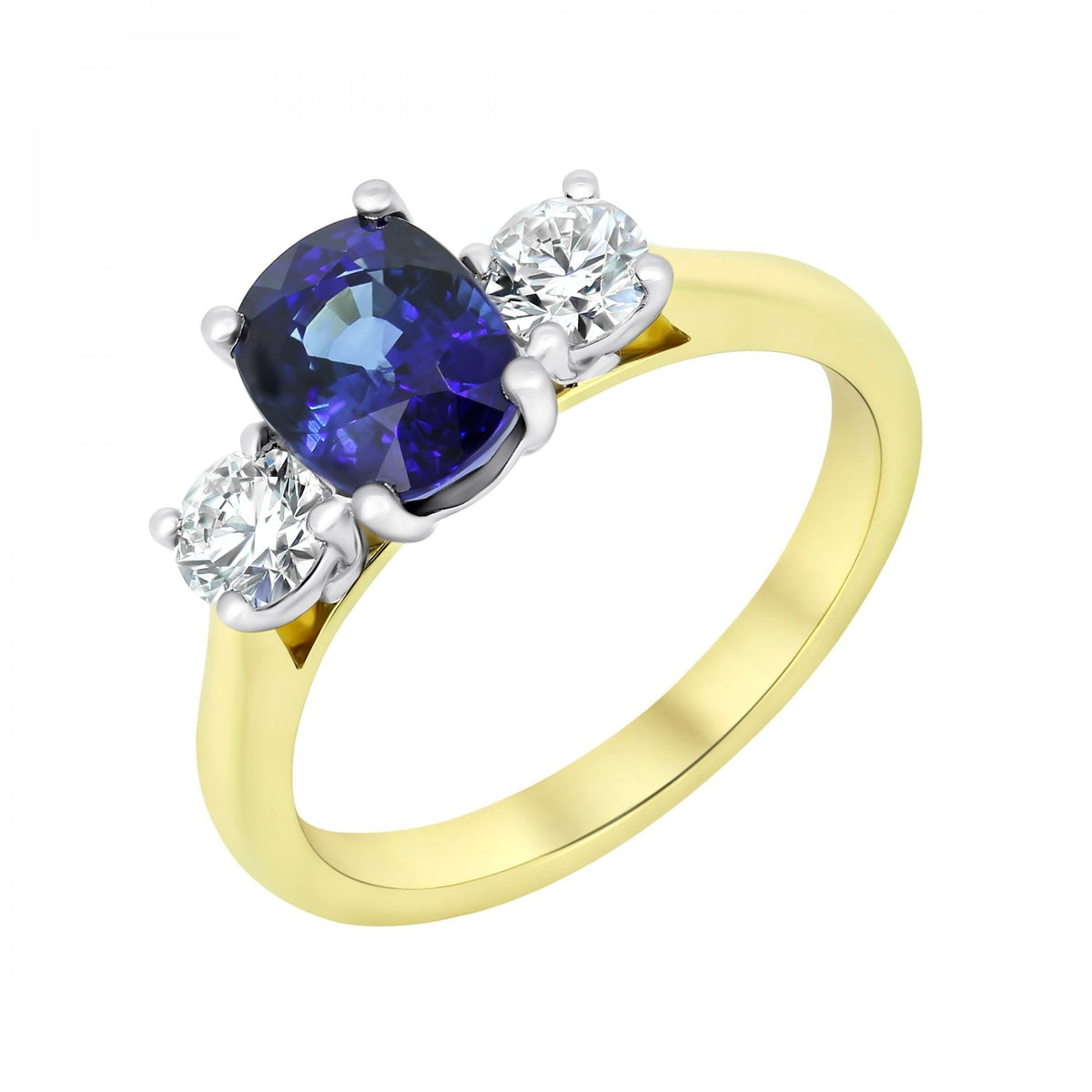18ct yellow gold 2.07ct sapphire & 0.51ct diamond 3 stone ring