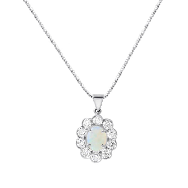 18ct White Gold 1.18ct Natural Opal & 1.35ct Diamond Pendant