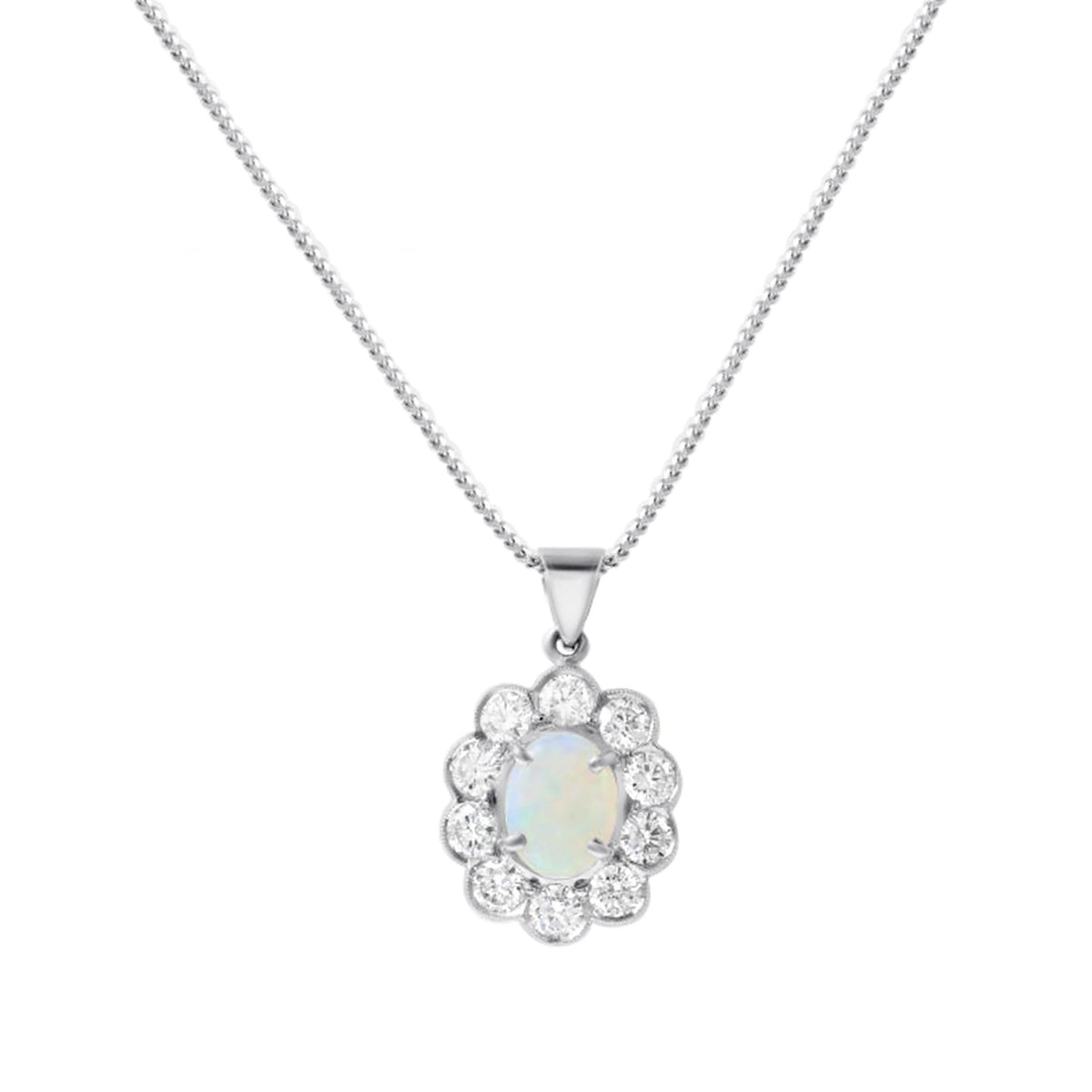 18ct white gold 1.18ct natural opal & 1.35ct diamond pendant