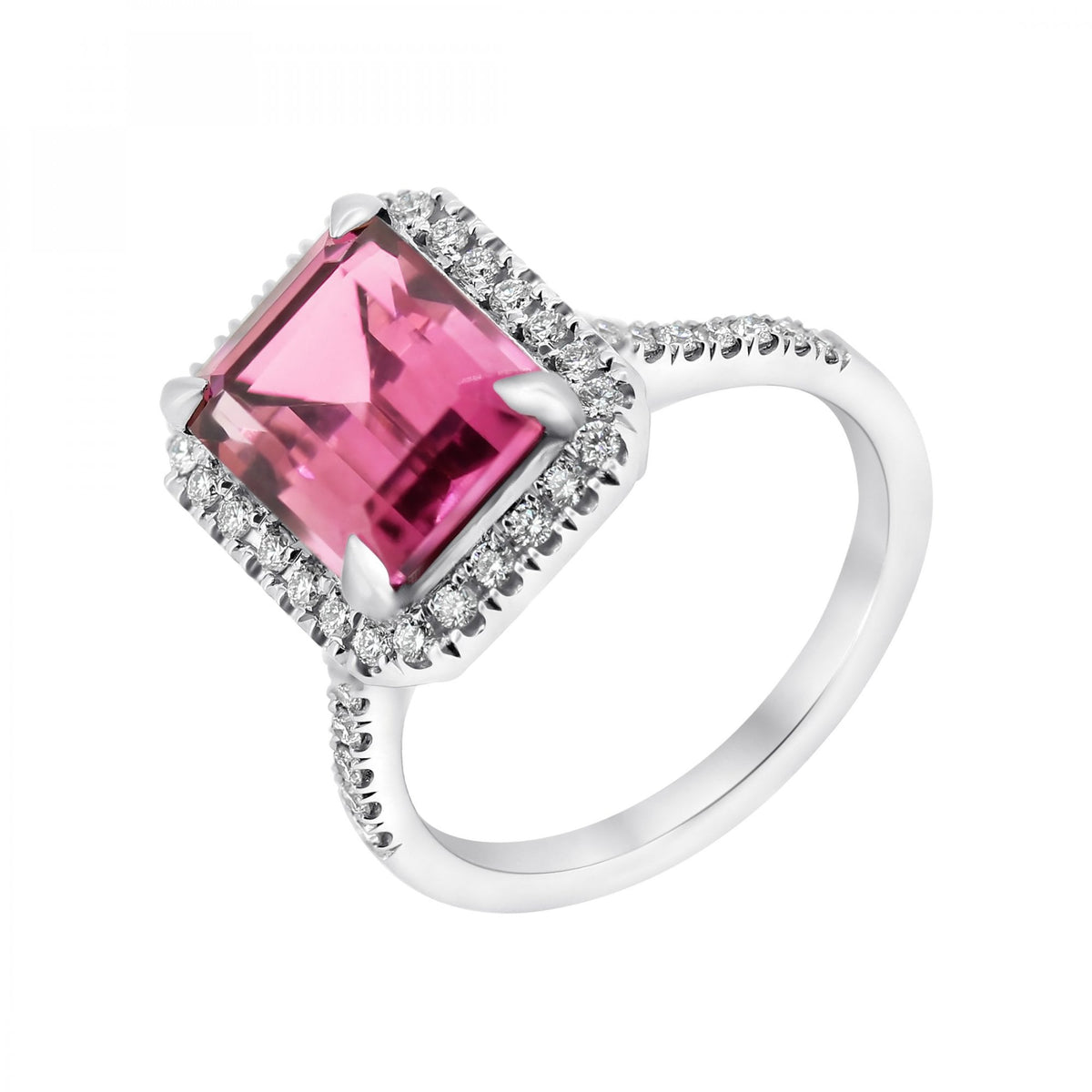 Platinum 3.68ct pink tourmaline & 0.42ct diamond halo ring