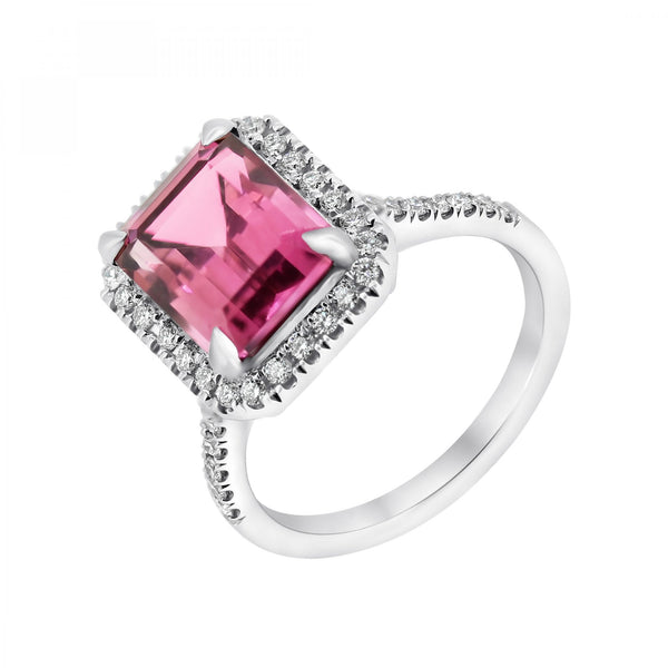 Platinum 3.68ct pink tourmaline & 0.42ct diamond halo ring