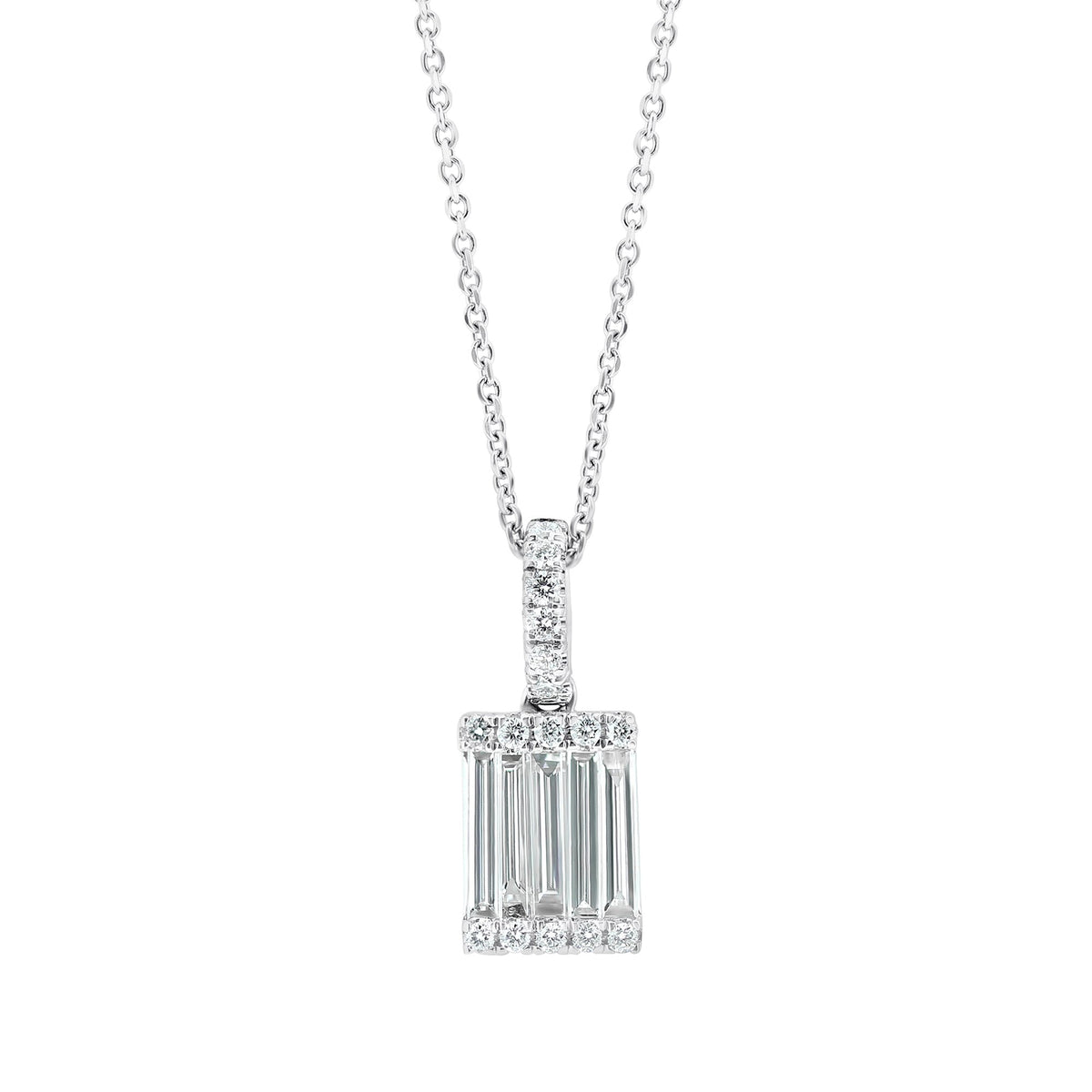 18ct white gold 0.71ct baguette & round diamond cluster pendant