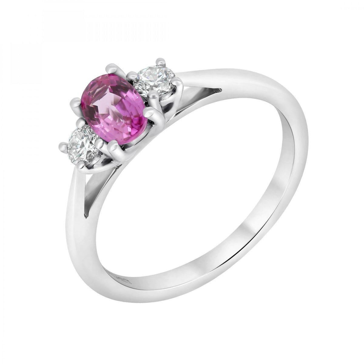 Platinum 0.64ct pink sapphire & 0.20ct diamond 3 stone ring