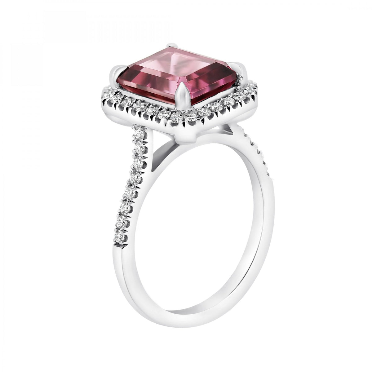 Platinum 3.68ct pink tourmaline & 0.42ct diamond halo ring