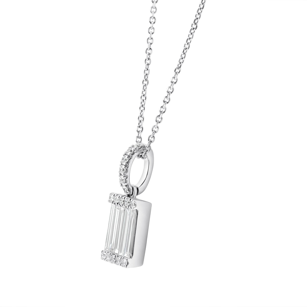 18ct white gold 0.71ct baguette & round diamond cluster pendant
