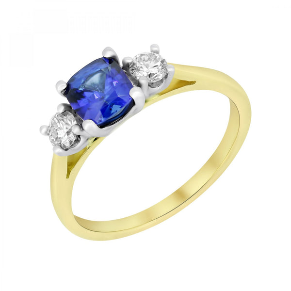 18ct yellow gold 1.07ct sapphire & 0.28ct diamond 3 stone ring