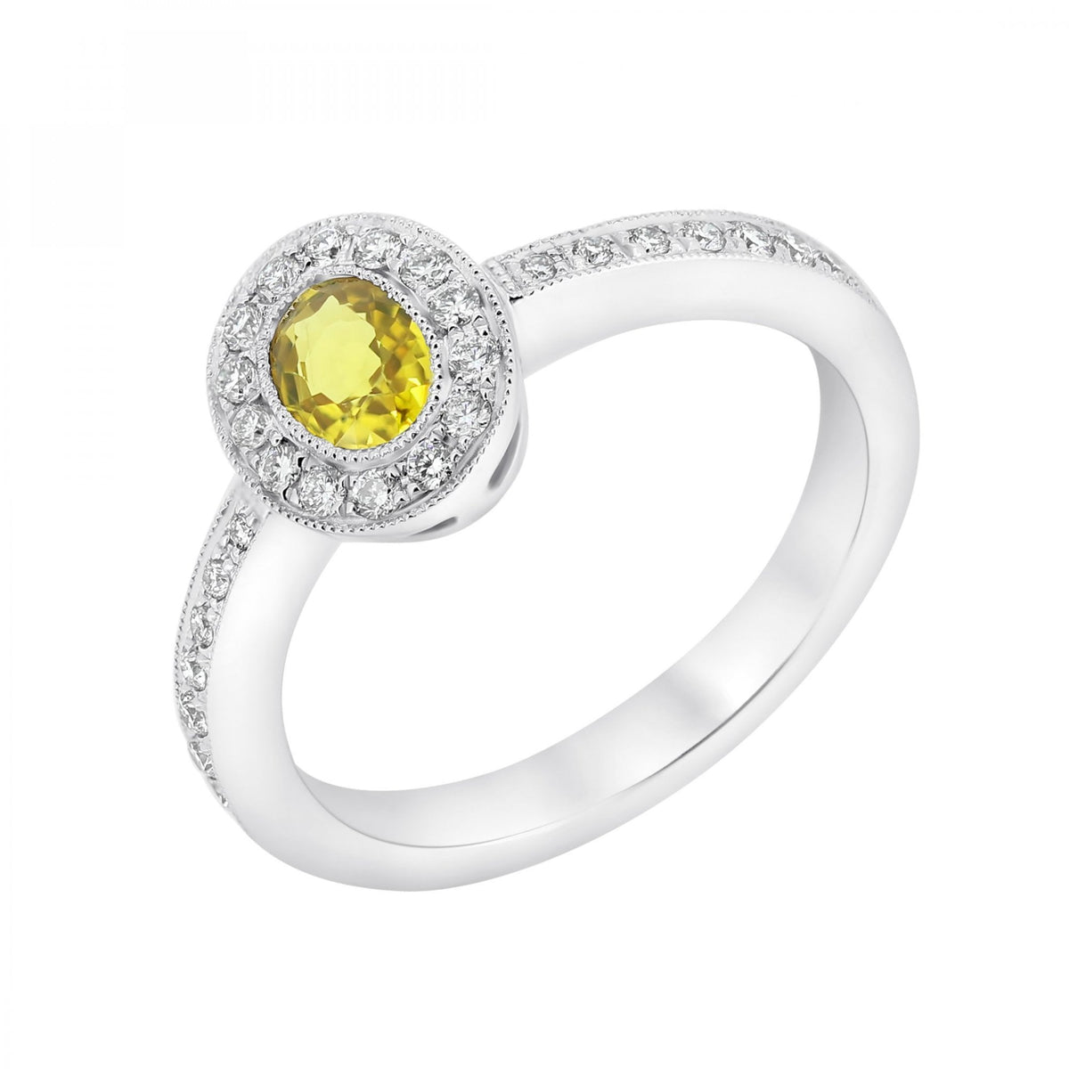 Platinum 0.60ct yellow sapphire & 0.22ct diamond cluster ring